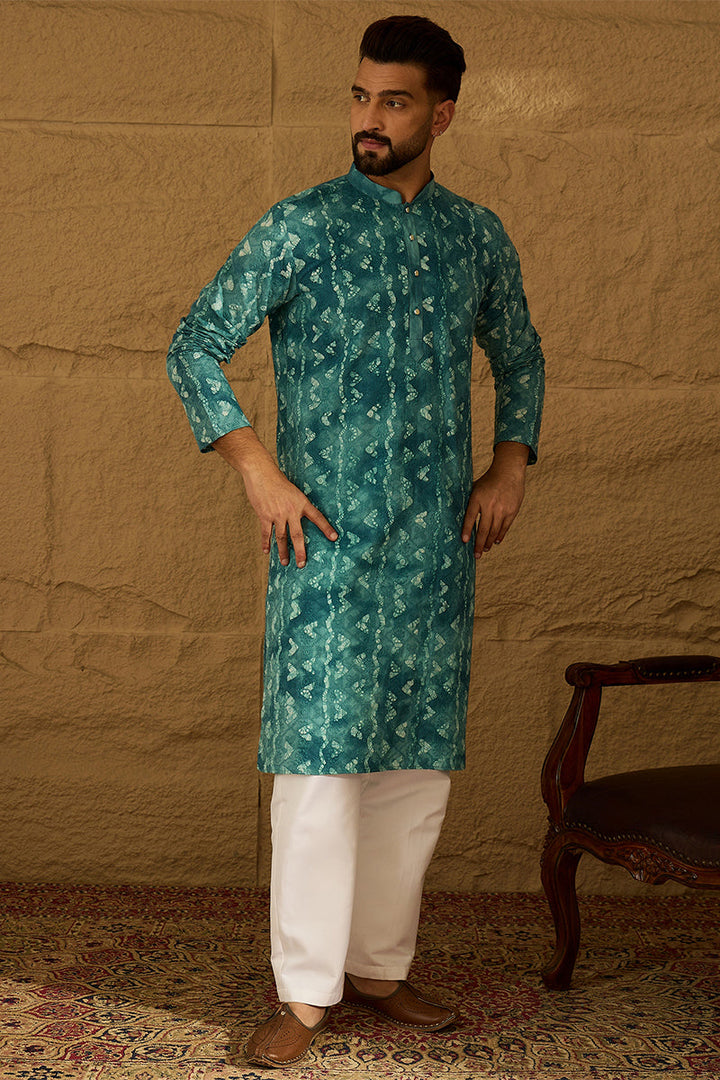 Blue Cotton Batik Embroidered Straight Kurta with Trouser | SHOBITAM