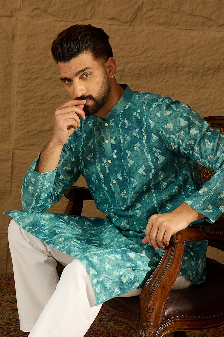 Blue Cotton Batik Embroidered Straight Kurta | SHOBITAM