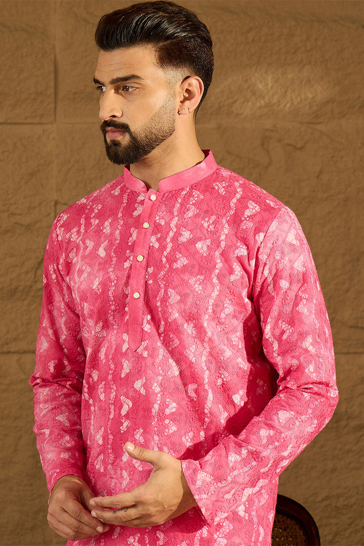 Pink Cotton Batik Embroidered Straight Kurta  | SHOBITAM