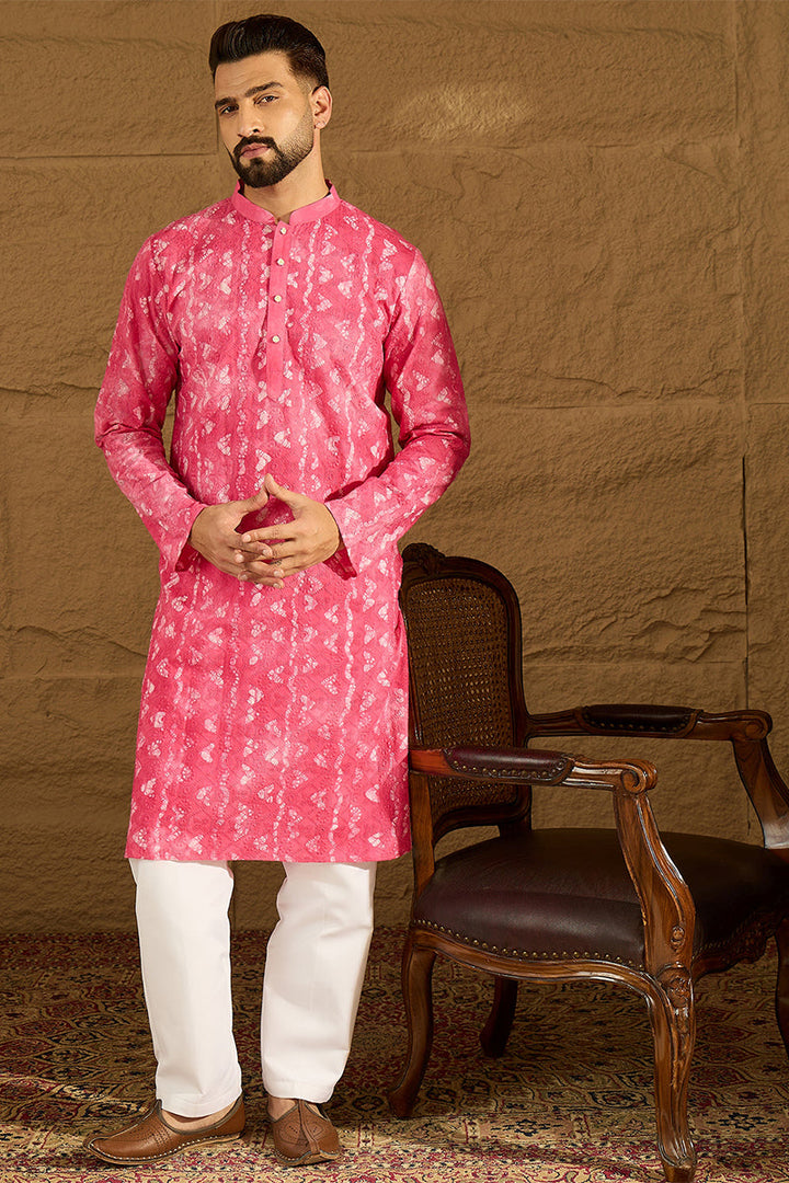 Pink Cotton Batik Embroidered Straight Kurta  | SHOBITAM