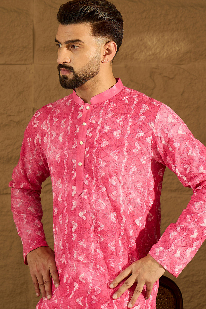Pink Cotton Batik Embroidered Straight Kurta  | SHOBITAM