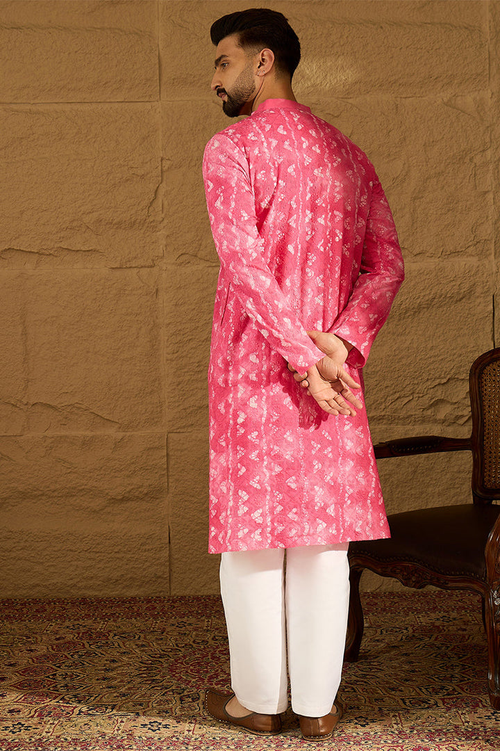 Pink Cotton Batik Embroidered Straight Kurta  | SHOBITAM