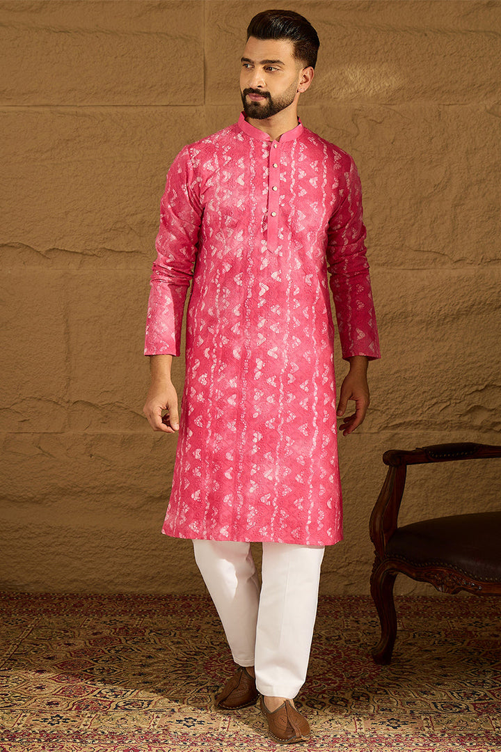 Pink Cotton Batik Embroidered Straight Kurta  | SHOBITAM