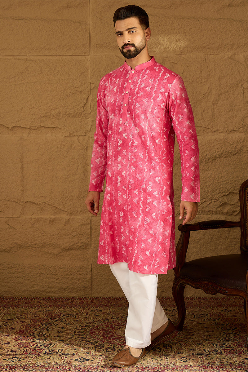 Pink Cotton Batik Embroidered Straight Kurta  | SHOBITAM