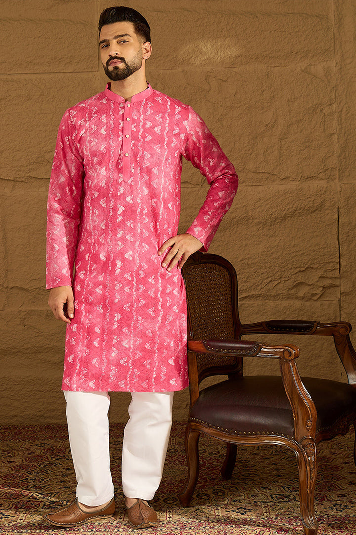 Pink Cotton Batik Embroidered Straight Kurta  | SHOBITAM