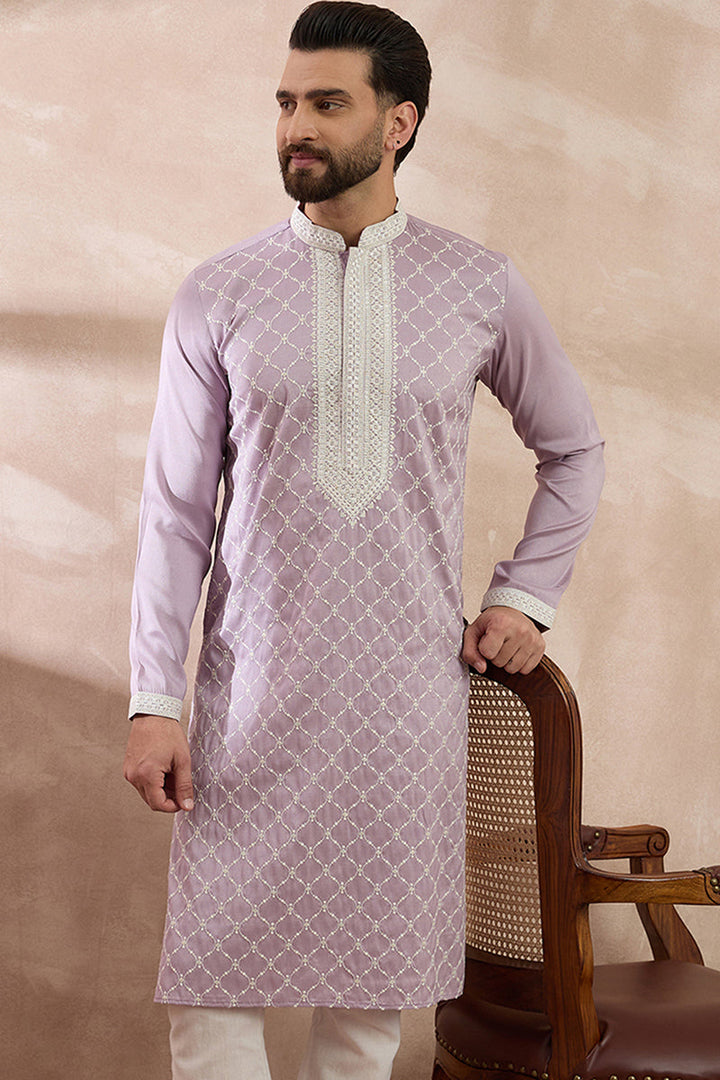 Lavender Silk Blend Embroidered Mandarin Collar Straight Kurta | SHOBITAM
