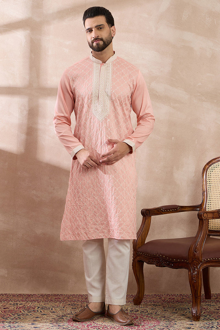 Pink Silk Blend Embroidered Mandarin Collar Straight Kurta  | SHOBITAM