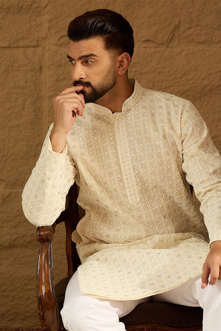 Off White Cotton Solid Printed Straight Kurta with Trouser | SHOBITAM