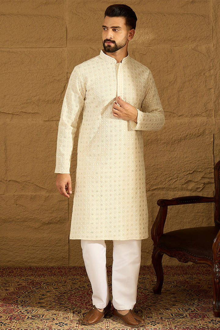 Off White Cotton Solid Printed Straight Kurta with Trouser | SHOBITAM