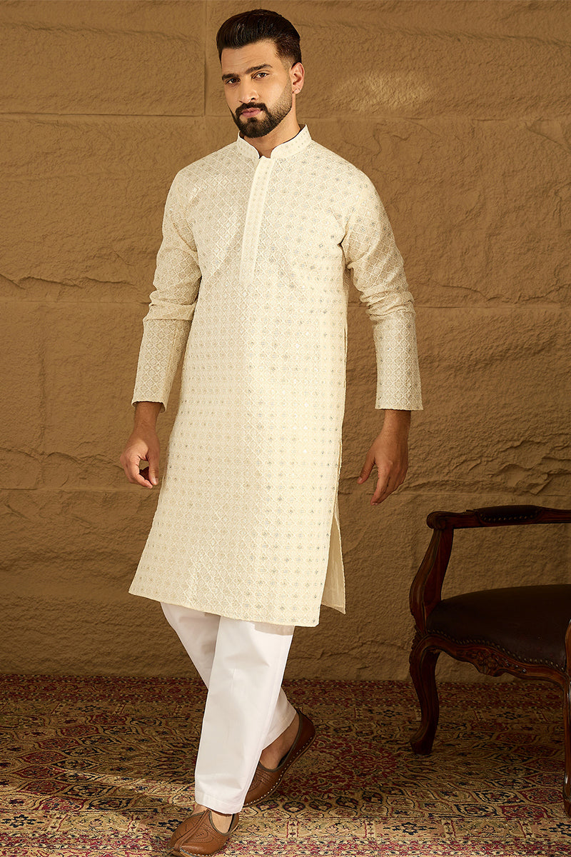 Off White Cotton Solid Printed Straight Kurta with Trouser | SHOBITAM