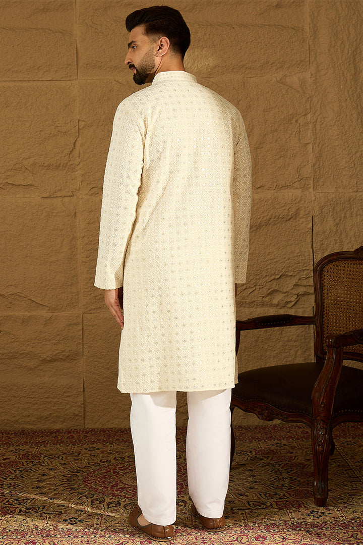 Off White Cotton Solid Printed Straight Kurta with Trouser | SHOBITAM