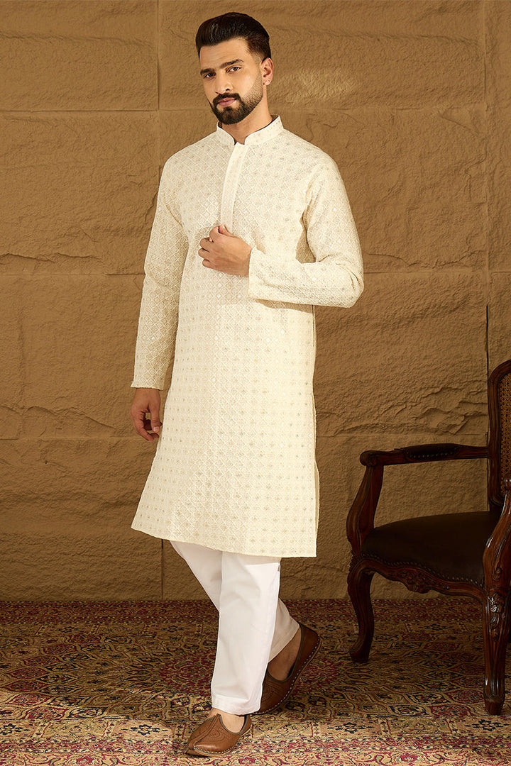 Off White Cotton Solid Printed Straight Kurta | SHOBITAM