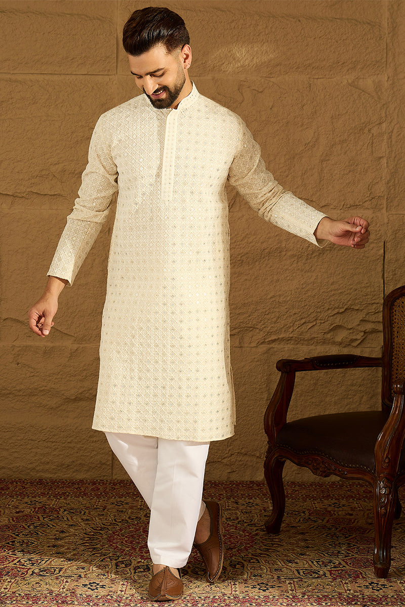 Off White Cotton Solid Printed Straight Kurta with Trouser | SHOBITAM