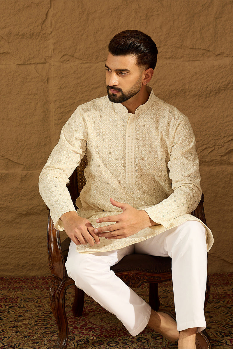 Off White Cotton Solid Printed Straight Kurta with Trouser | SHOBITAM