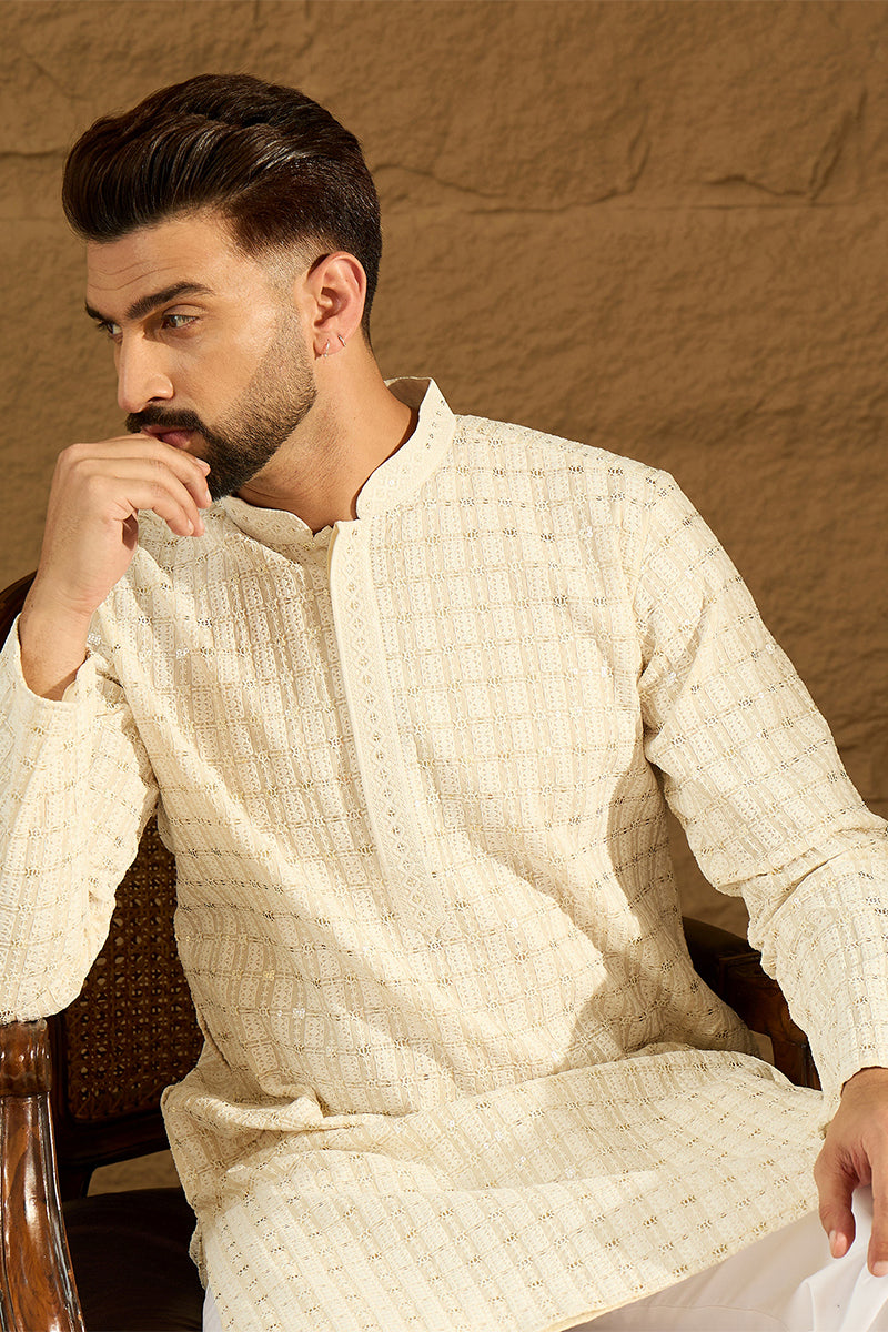 Off White Cotton Solid Printed Straight Kurta | SHOBITAM