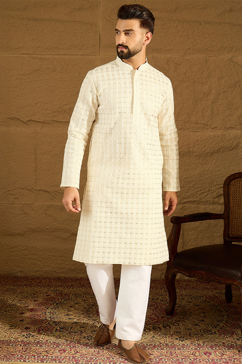 Off White Cotton Solid Printed Straight Kurta with Trouser | SHOBITAM