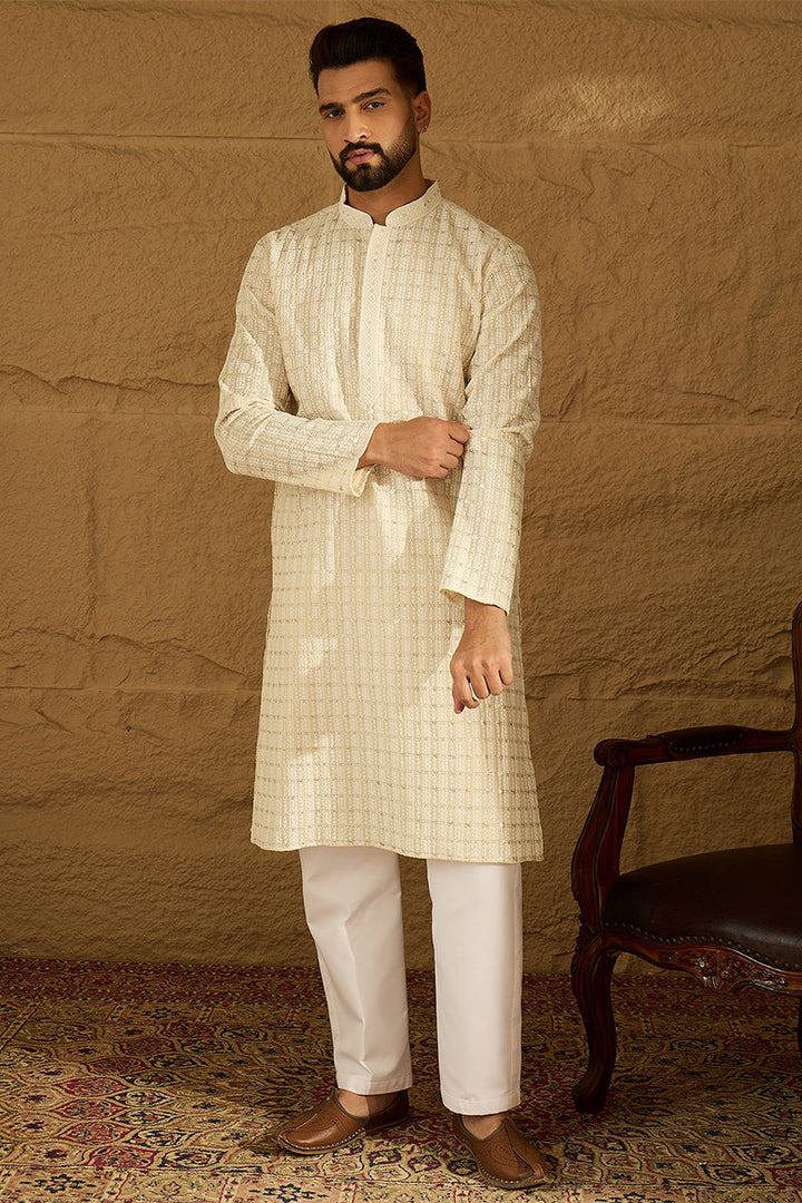 Off White Cotton Solid Printed Straight Kurta | SHOBITAM