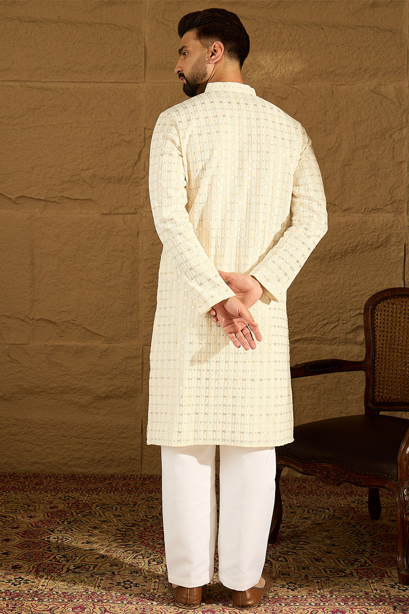 Off White Cotton Solid Printed Straight Kurta | SHOBITAM