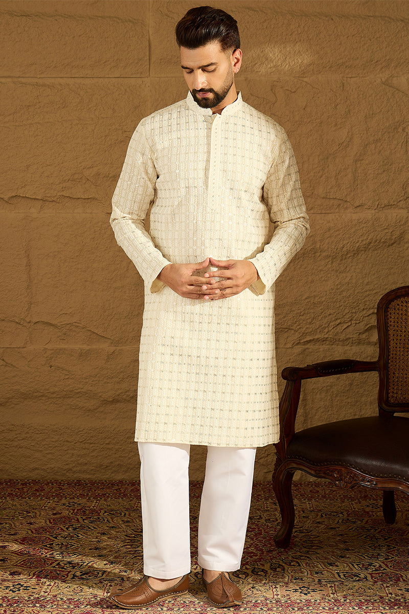Off White Cotton Solid Printed Straight Kurta with Trouser | SHOBITAM