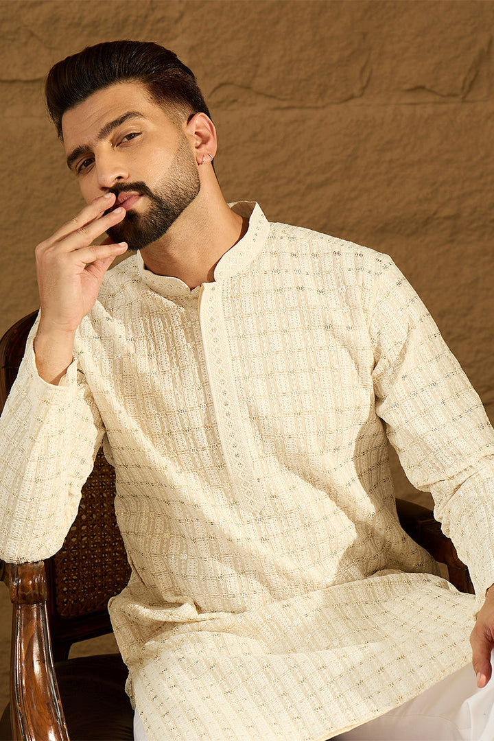 Off White Cotton Solid Printed Straight Kurta | SHOBITAM