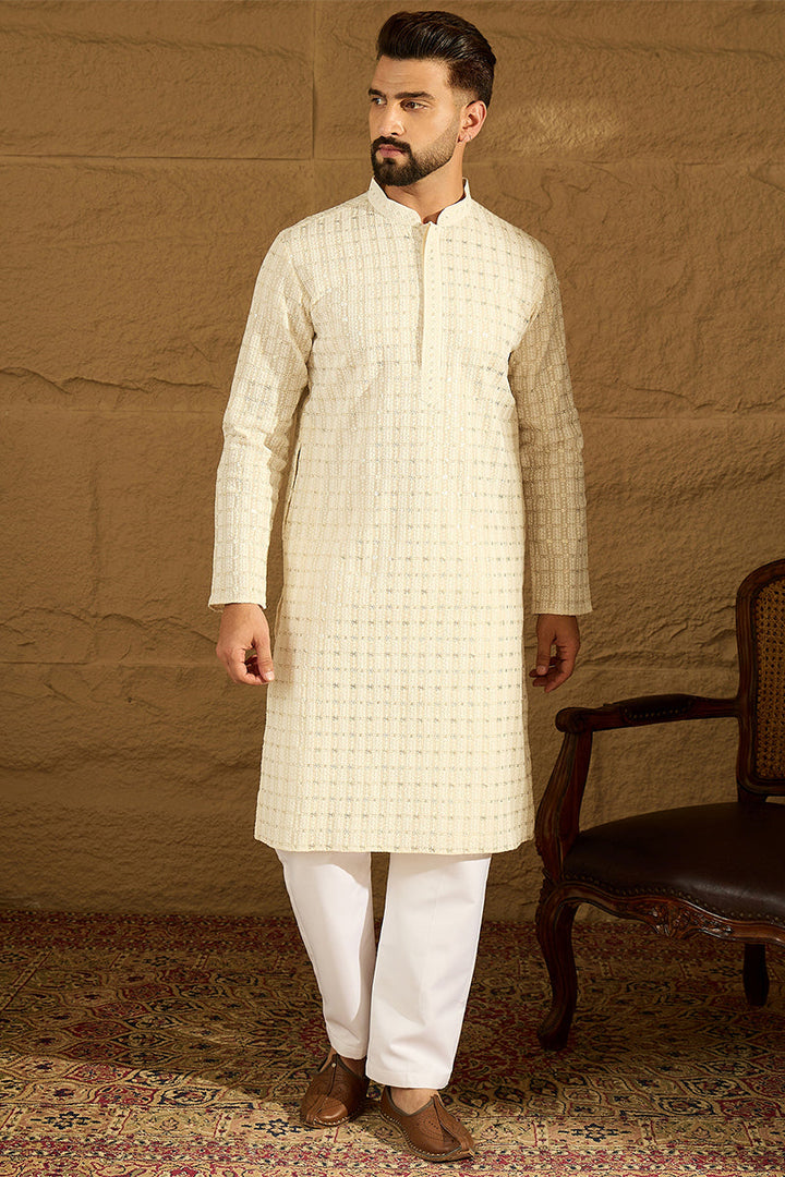 Off White Cotton Solid Printed Straight Kurta | SHOBITAM