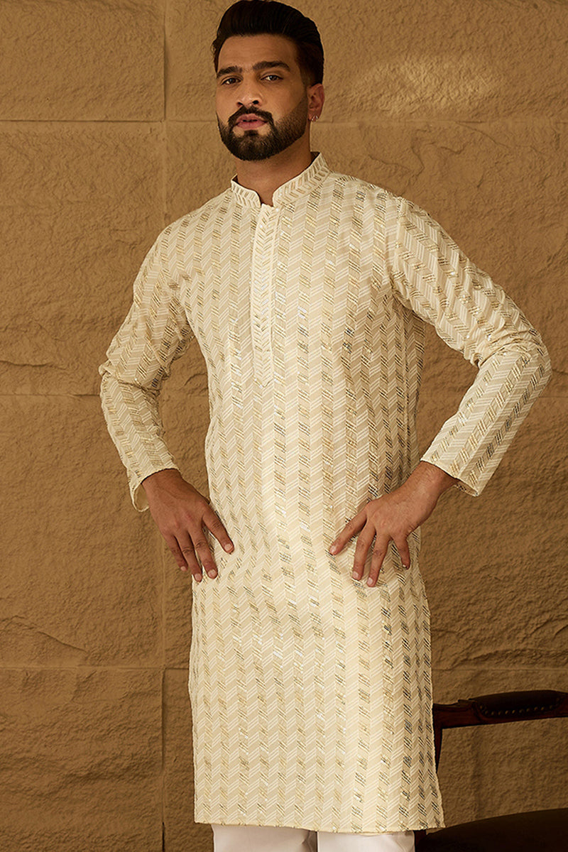 Off White Cotton Solid Printed Straight Kurta | SHOBITAM