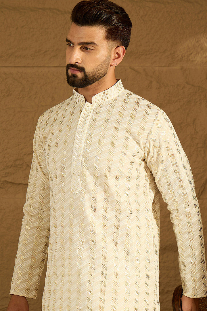 Off White Cotton Solid Printed Straight Kurta with Trouser | SHOBITAM