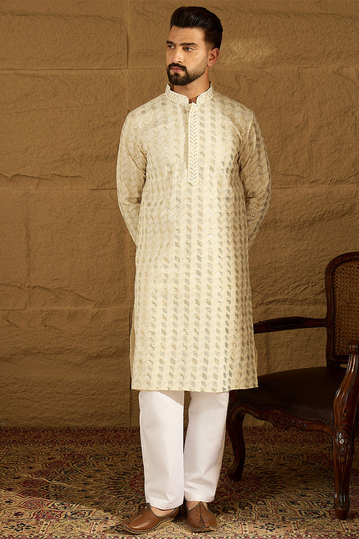 Off White Cotton Solid Printed Straight Kurta with Trouser | SHOBITAM