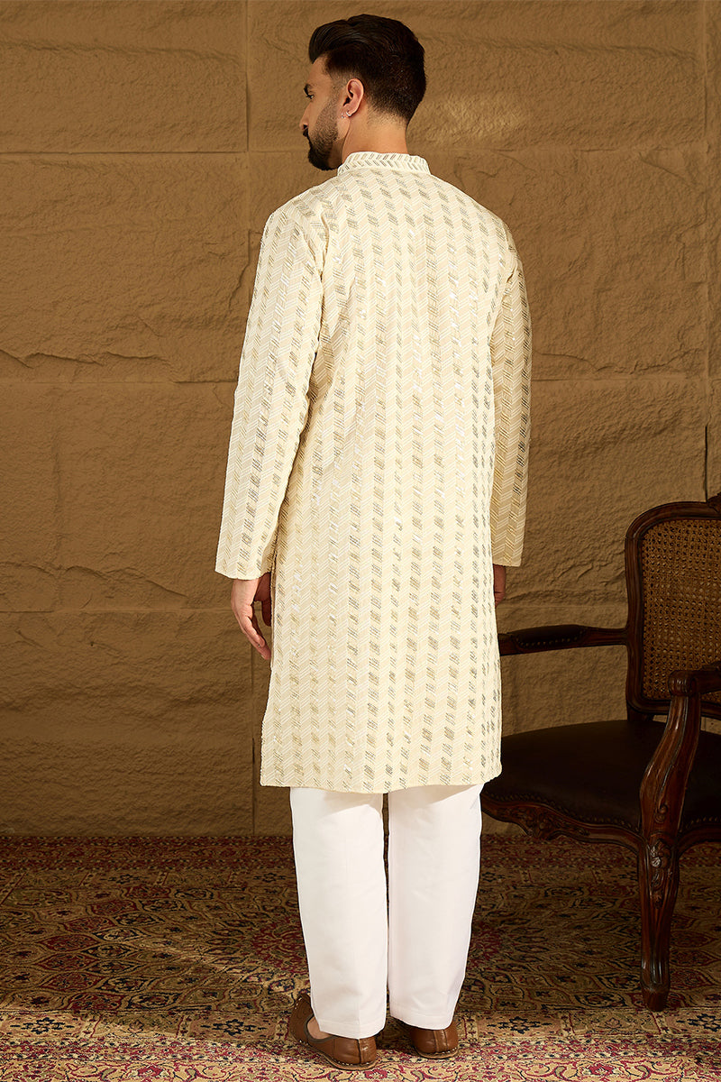 Off White Cotton Solid Printed Straight Kurta | SHOBITAM