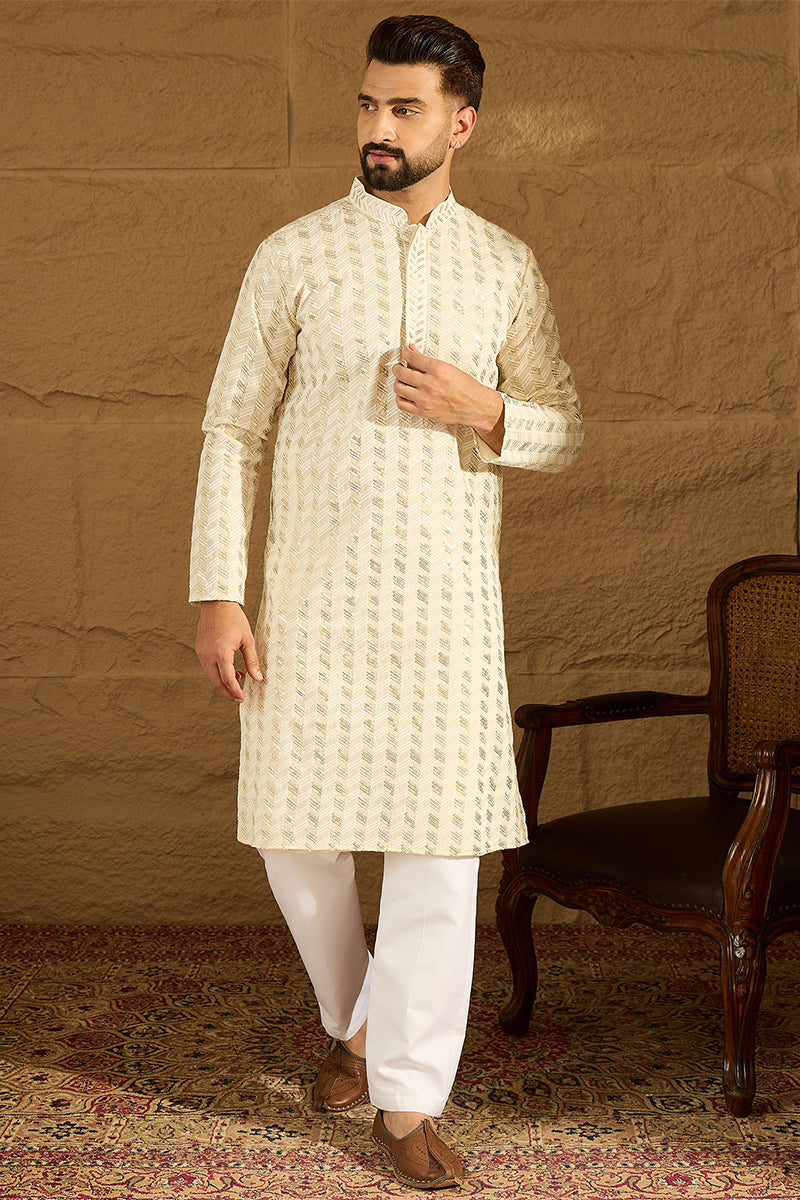 Off White Cotton Solid Printed Straight Kurta with Trouser | SHOBITAM