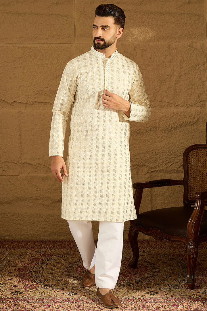 Off White Cotton Solid Printed Straight Kurta with Trouser | SHOBITAM
