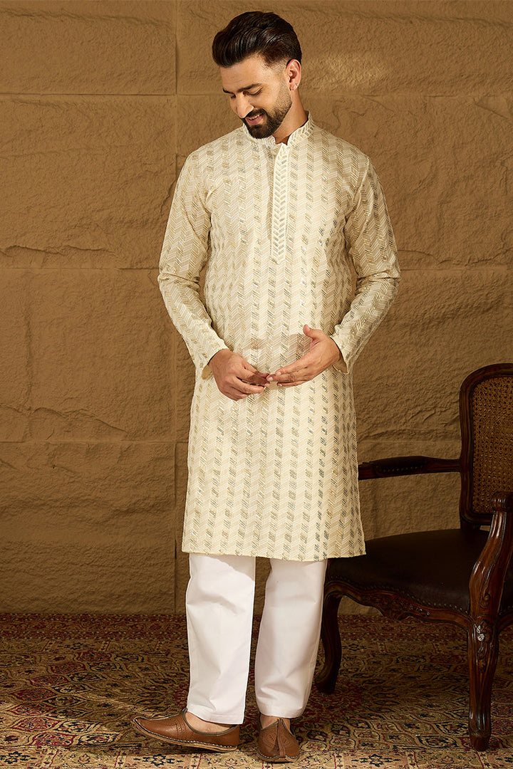 Off White Cotton Solid Printed Straight Kurta with Trouser | SHOBITAM