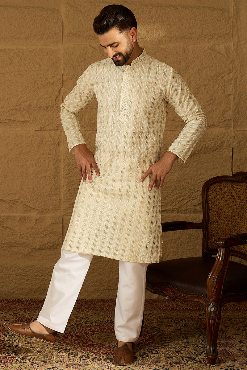 Off White Cotton Solid Printed Straight Kurta | SHOBITAM