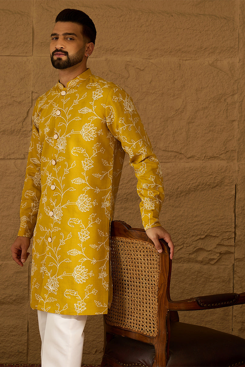 Yellow Viscose Rayon Solid Embroidered Straight Kurta with Trouser | SHOBITAM