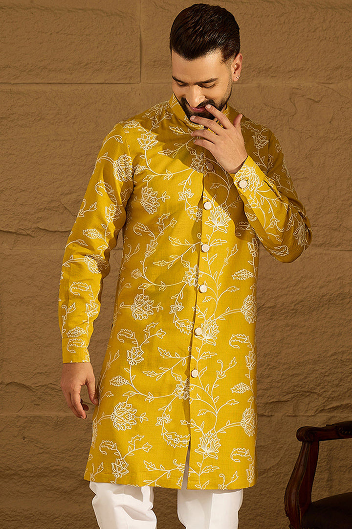 Yellow Viscose Rayon Solid Embroidered Straight Kurta | SHOBITAM