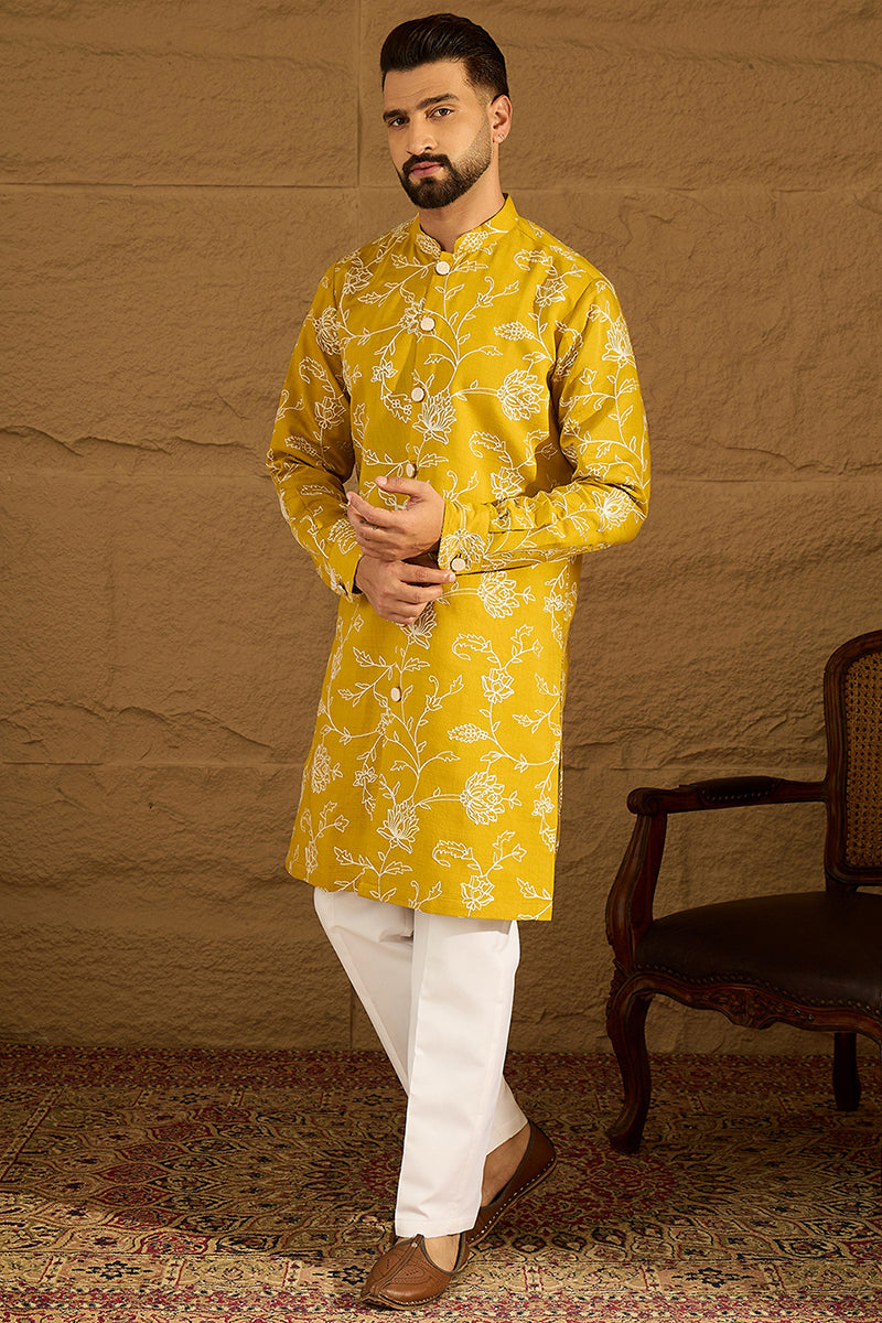 Yellow Viscose Rayon Solid Embroidered Straight Kurta | SHOBITAM