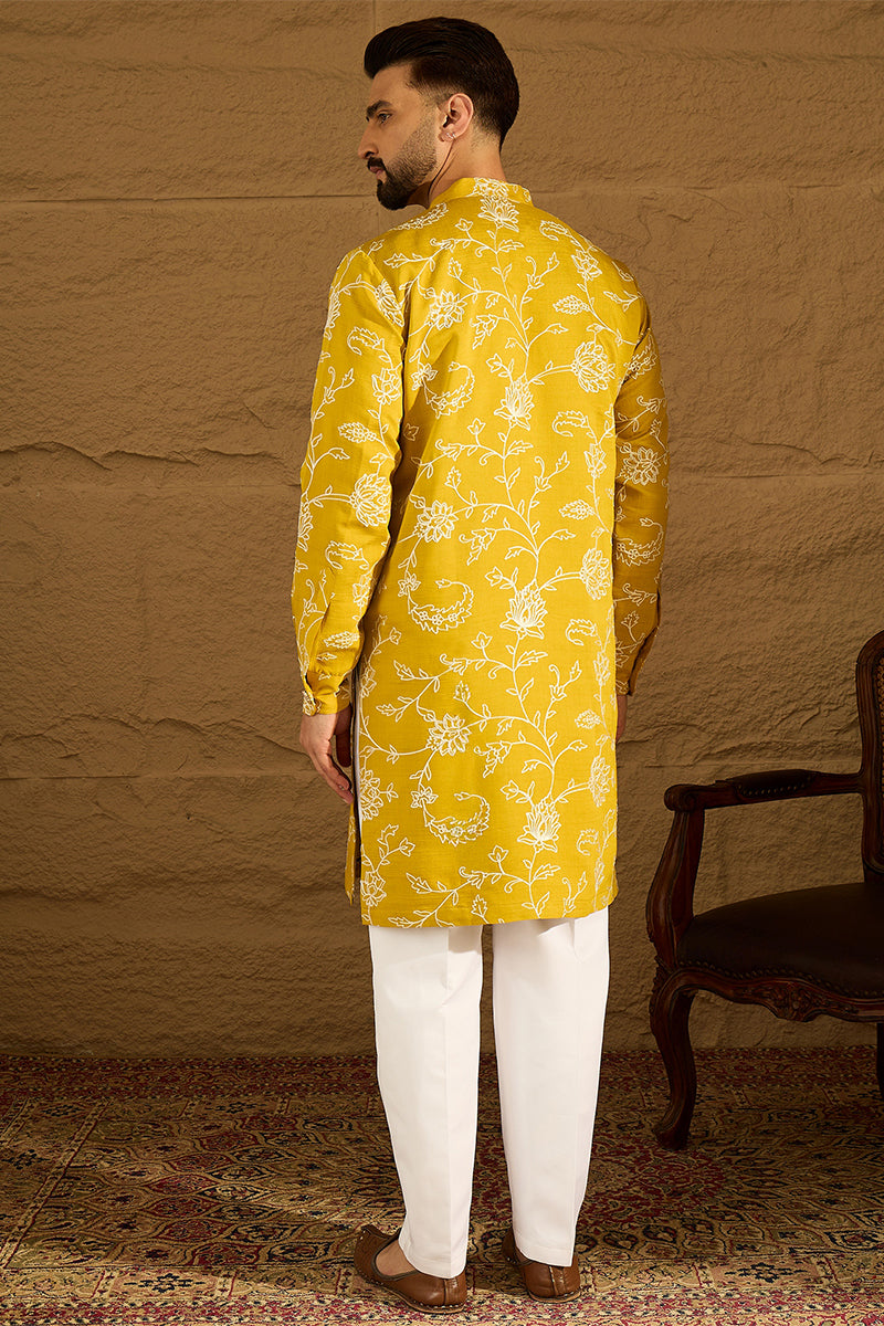Yellow Viscose Rayon Solid Embroidered Straight Kurta with Trouser | SHOBITAM