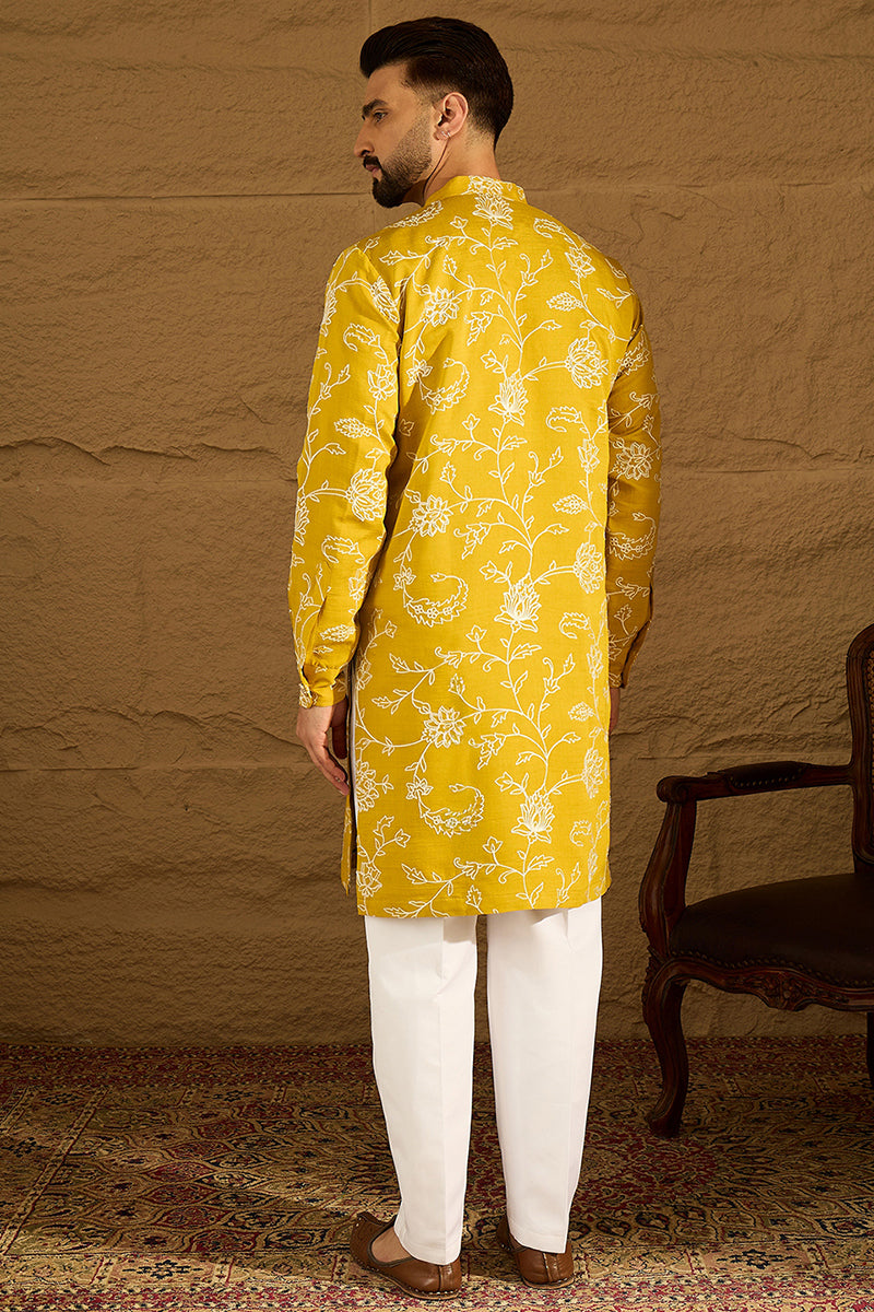 Yellow Viscose Rayon Solid Embroidered Straight Kurta | SHOBITAM