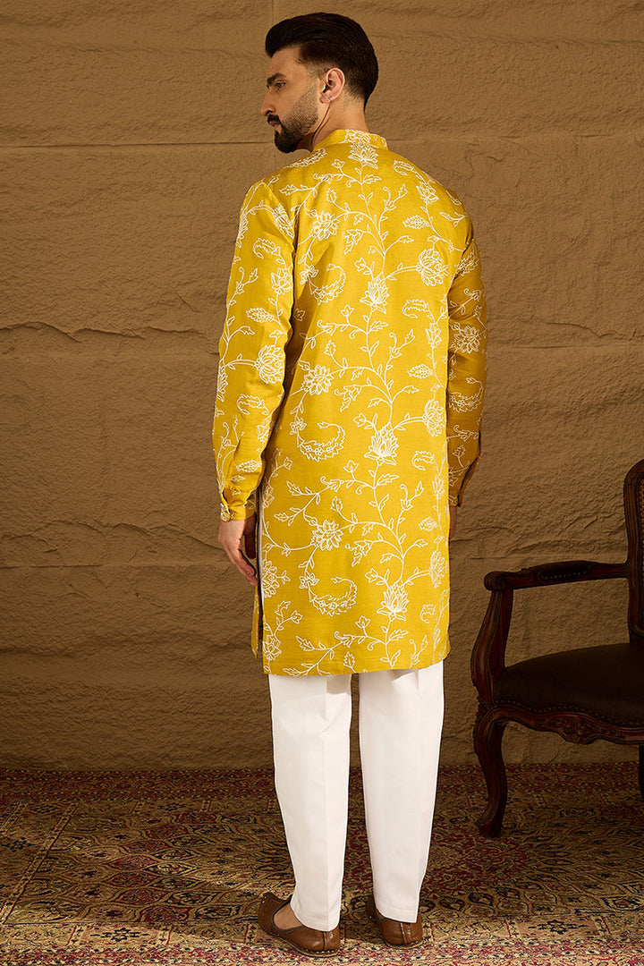 Yellow Viscose Rayon Solid Embroidered Straight Kurta | SHOBITAM