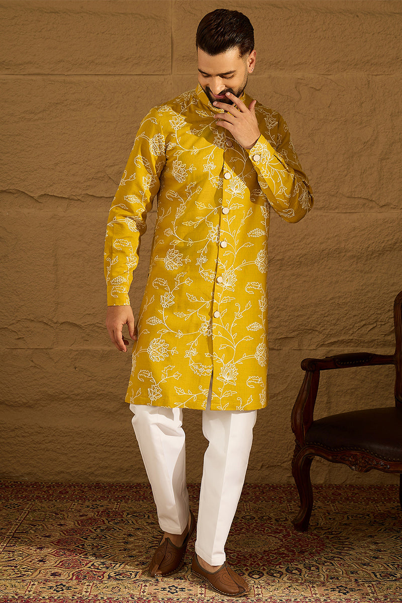 Yellow Viscose Rayon Solid Embroidered Straight Kurta with Trouser | SHOBITAM