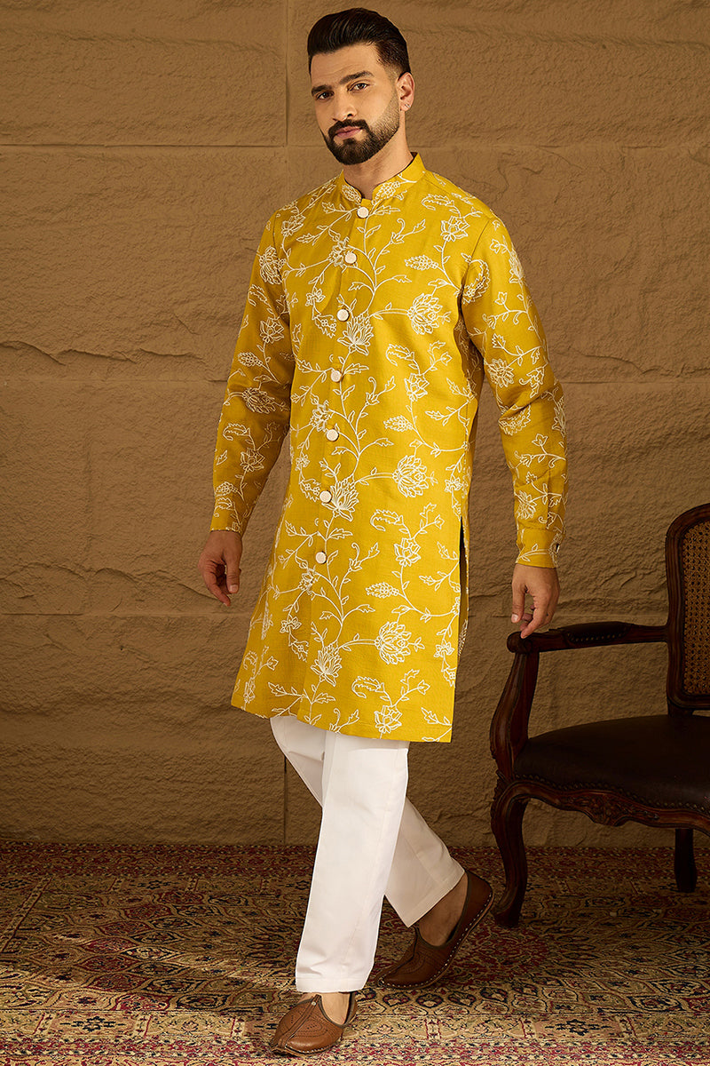 Yellow Viscose Rayon Solid Embroidered Straight Kurta | SHOBITAM