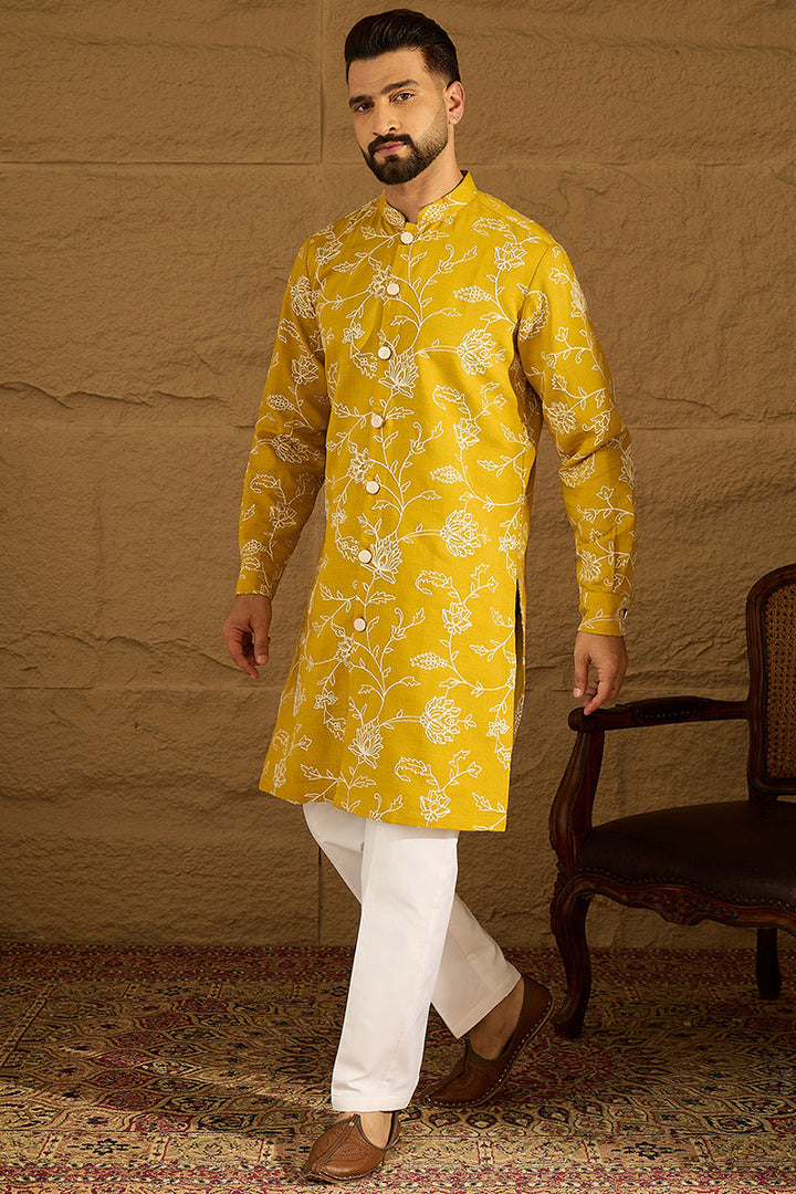 Yellow Viscose Rayon Solid Embroidered Straight Kurta | SHOBITAM