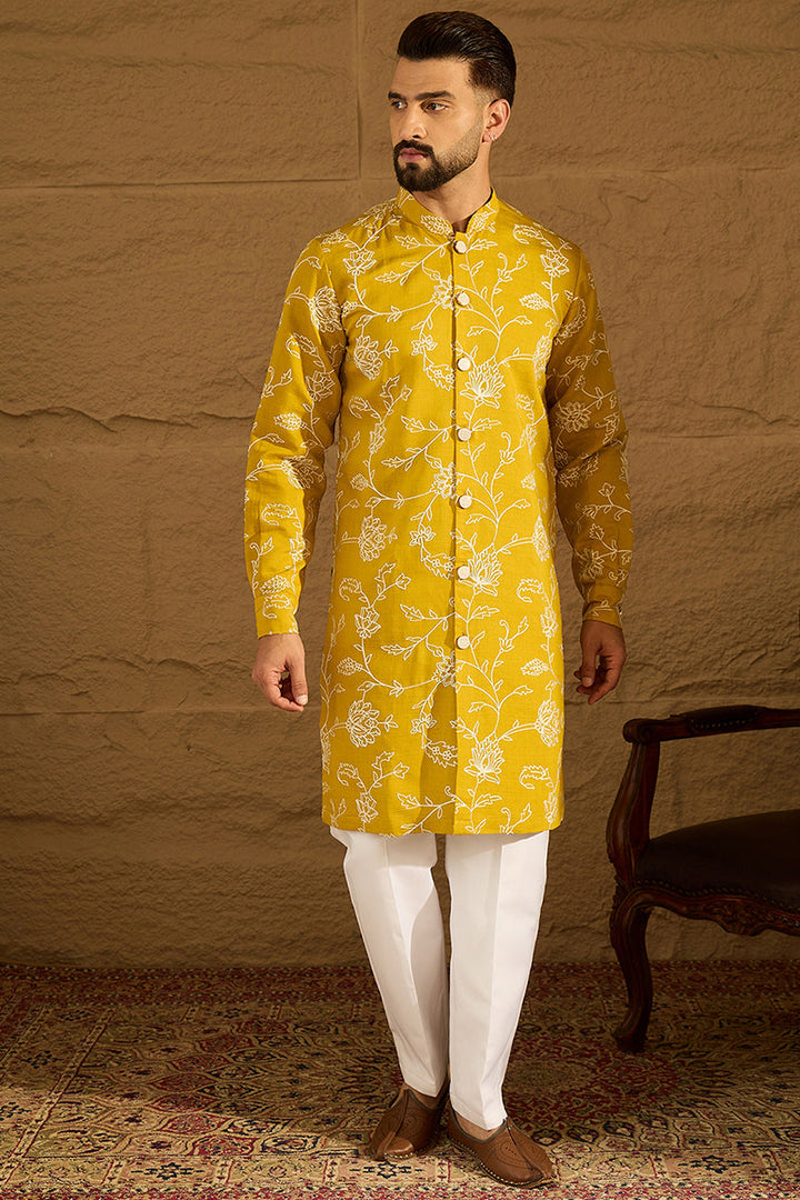 Yellow Viscose Rayon Solid Embroidered Straight Kurta | SHOBITAM