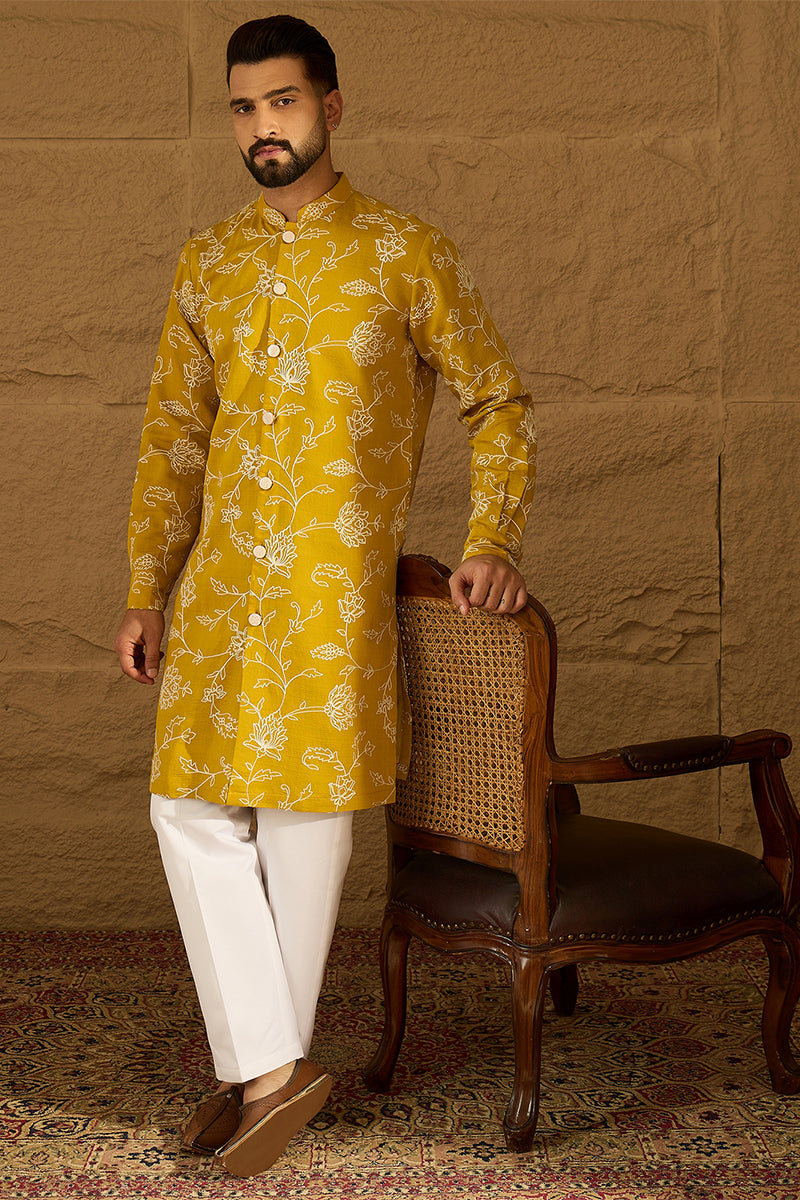 Yellow Viscose Rayon Solid Embroidered Straight Kurta with Trouser | SHOBITAM