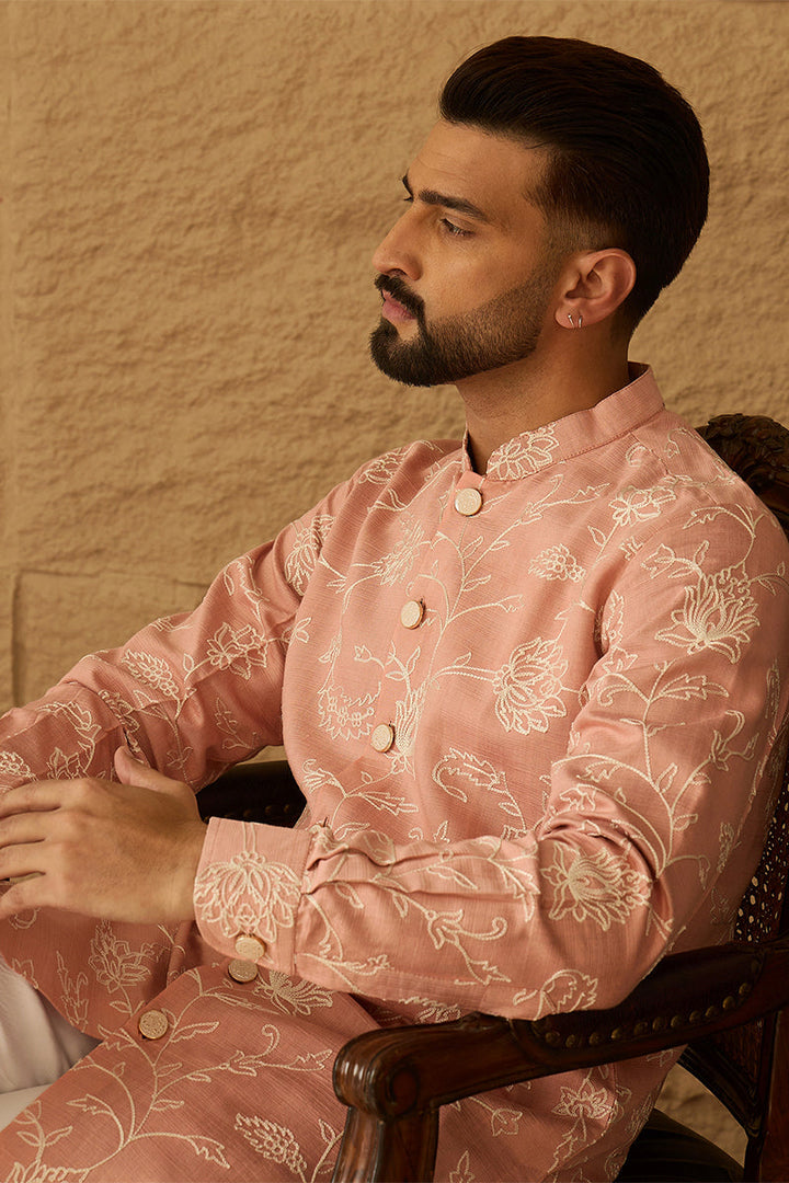 Peach Viscose Rayon Solid Embroidered Straight Kurta with Trouser | SHOBITAM