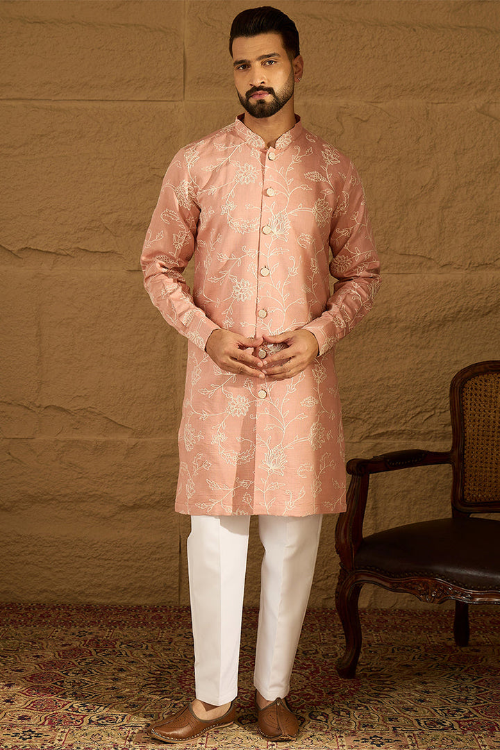 Peach Viscose Rayon Solid Embroidered Straight Kurta with Trouser | SHOBITAM