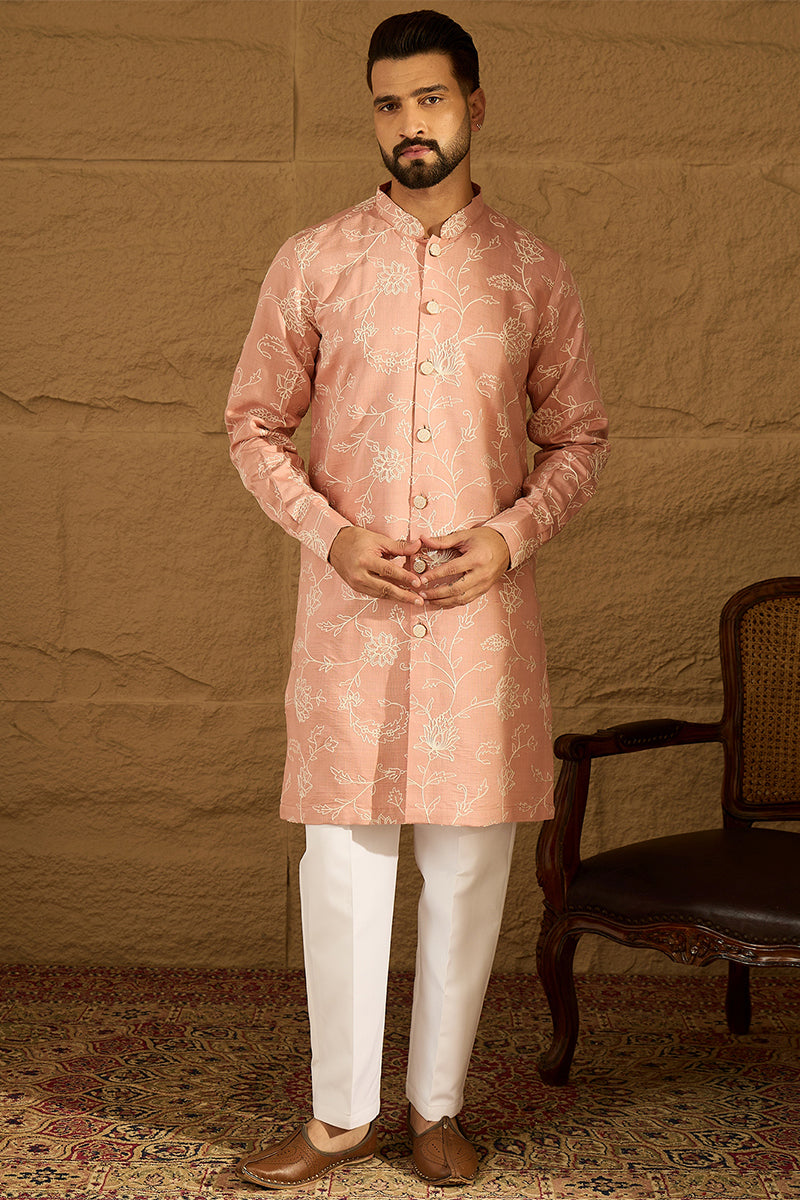 Peach Viscose Rayon Solid Embroidered Straight Kurta | SHOBITAM
