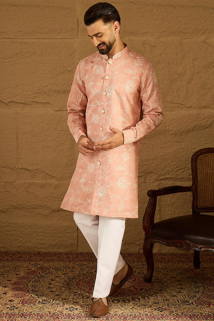Peach Viscose Rayon Solid Embroidered Straight Kurta with Trouser | SHOBITAM