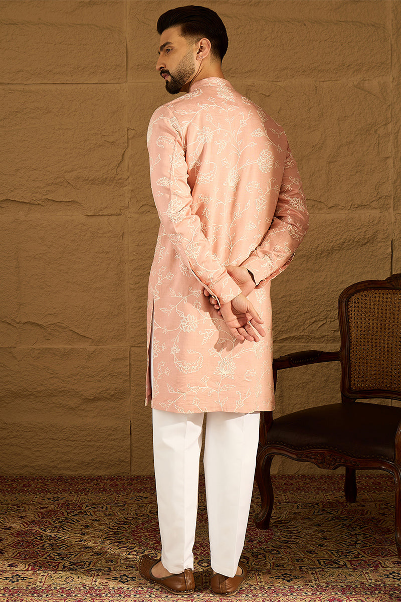 Peach Viscose Rayon Solid Embroidered Straight Kurta with Trouser | SHOBITAM