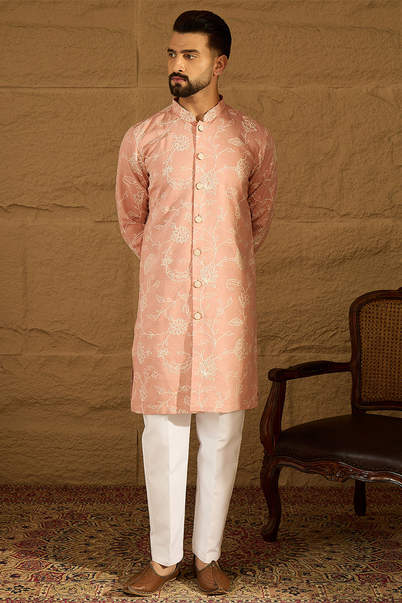 Peach Viscose Rayon Solid Embroidered Straight Kurta with Trouser | SHOBITAM